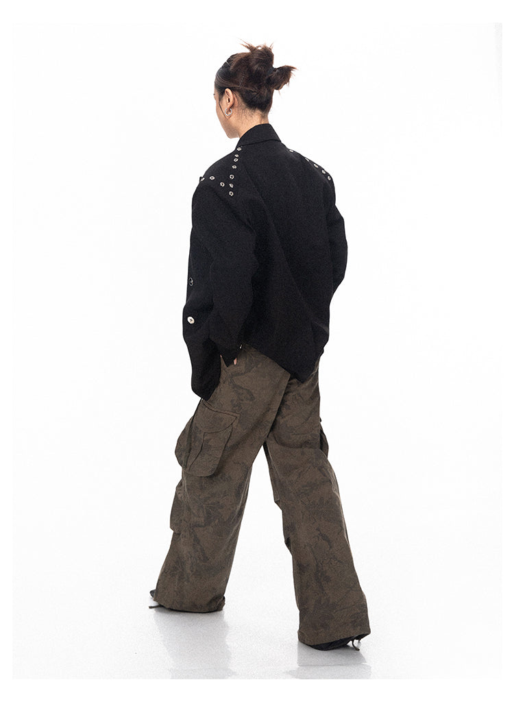 Wide shoulder metal buckle silhouette suit jacket P707