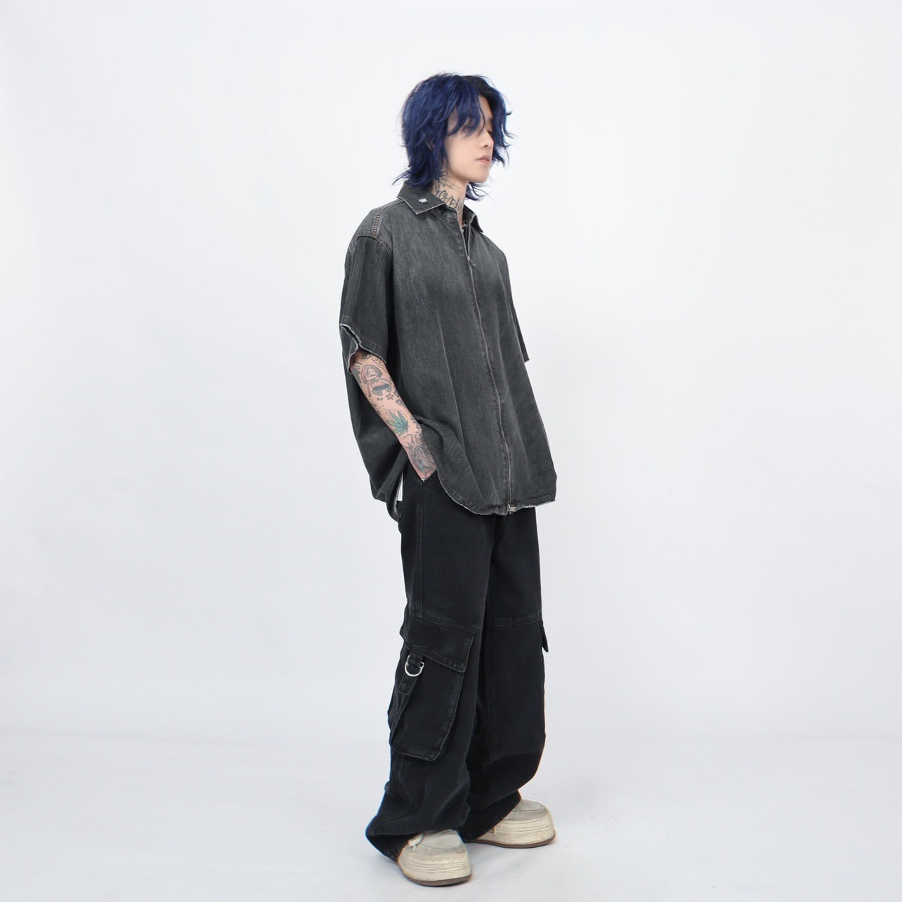 グラデーションウォッシュ加工 デニムショートスリーブシャツ P1366