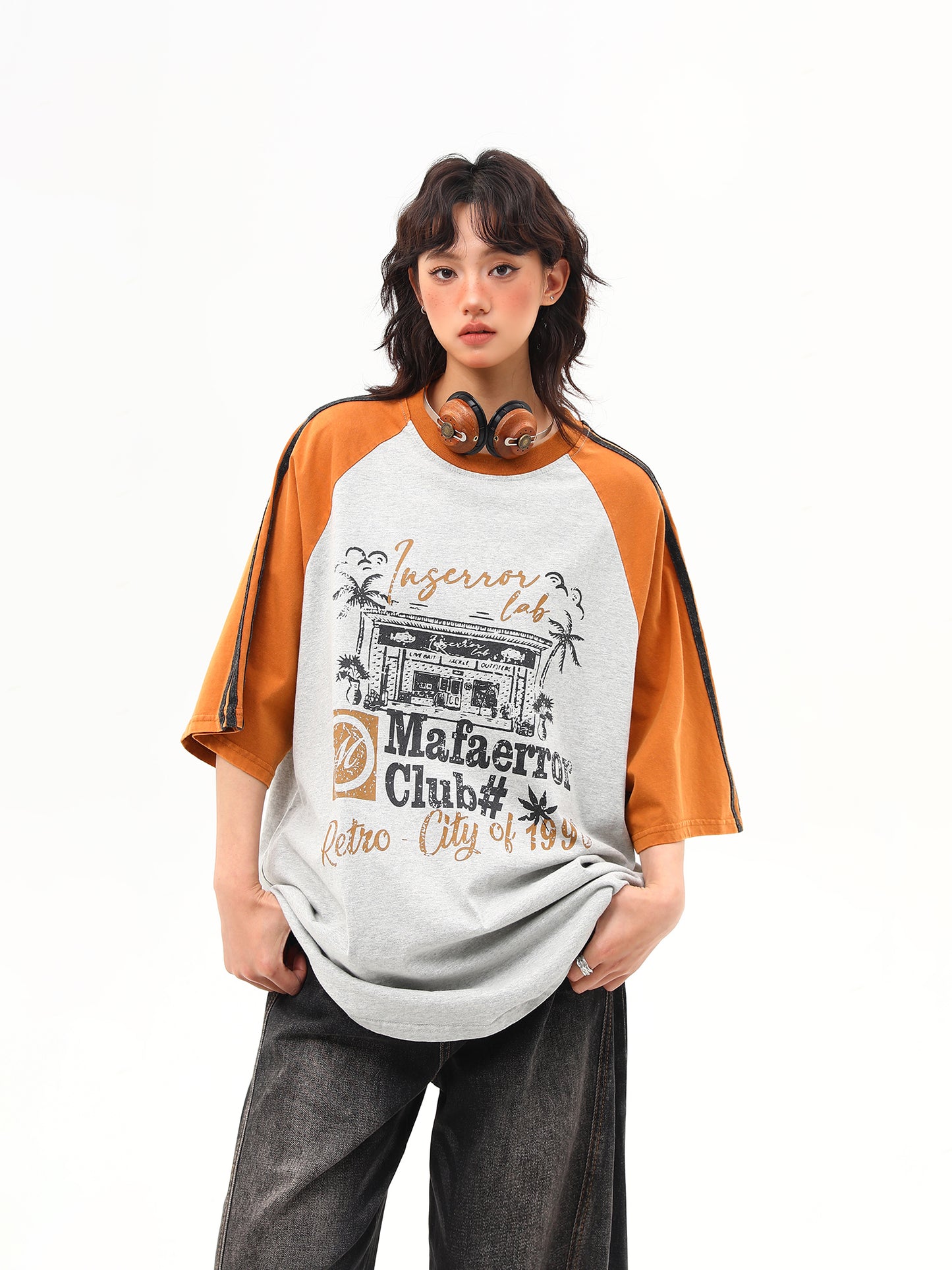 レトロ プリント ラグランスリーブ Tシャツ P2014