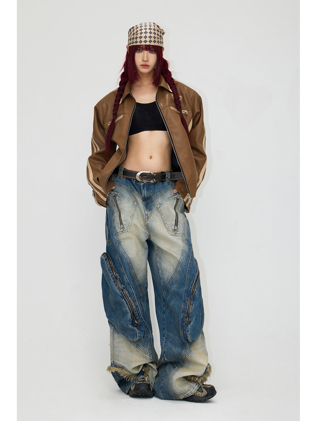 Contrast color retro leather jacket P546