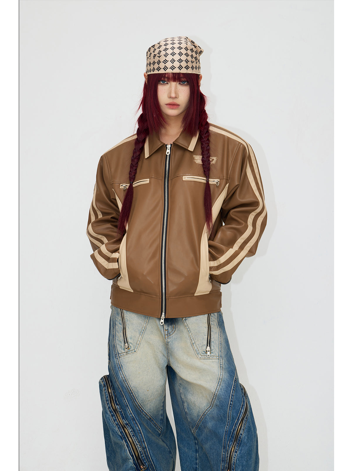 Contrast color retro leather jacket P546