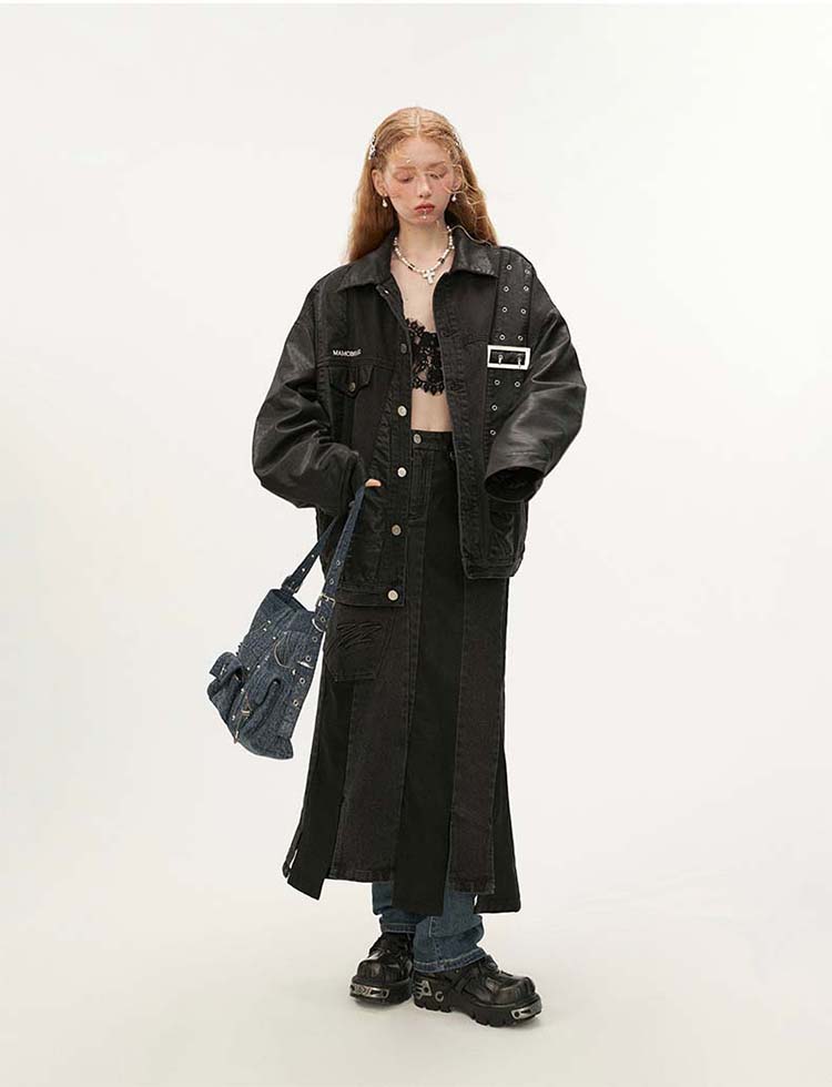 Leather strap denim jacket P1312