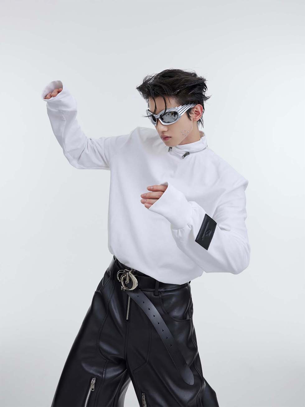 Metal zipper stand collar long sleeve shirt P1114