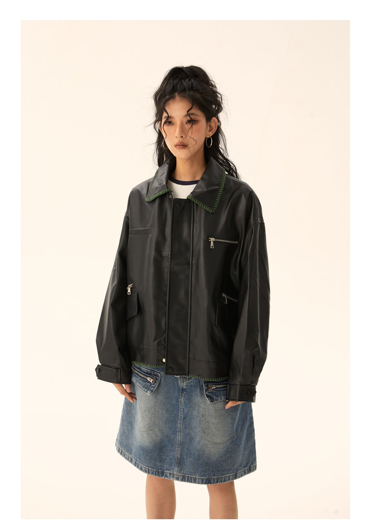 American retro green stitched leather jacket P465