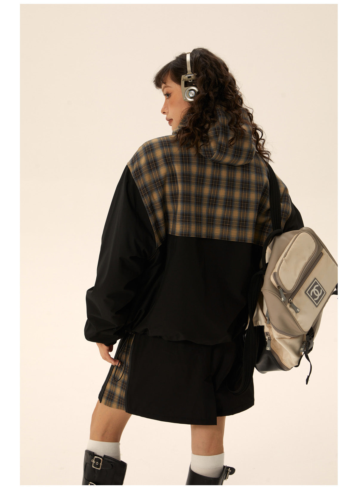 Retro check pattern splicing jacket &amp; skirt set P581