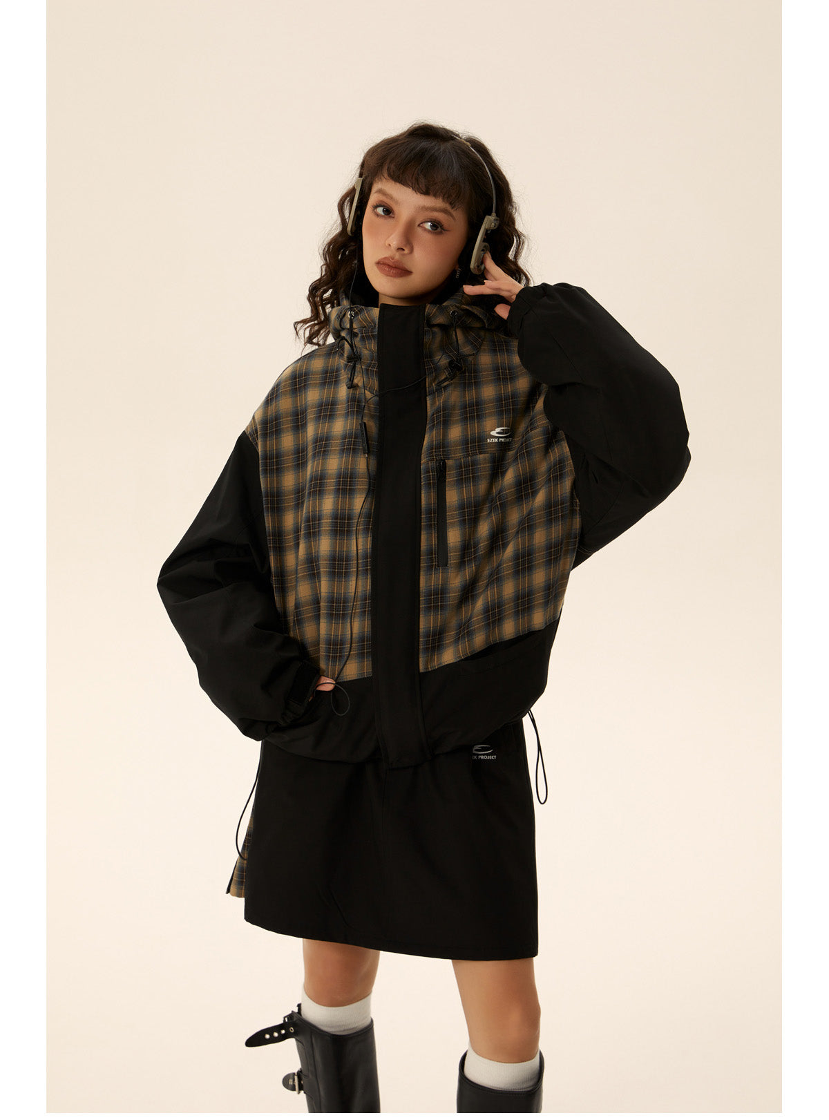 Retro check pattern splicing jacket &amp; skirt set P581