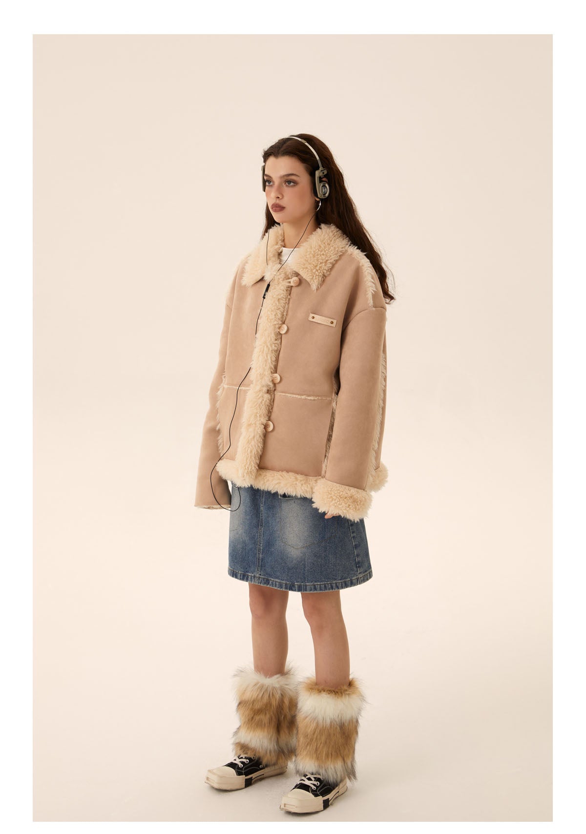 Retro beige mouton coat jacket P443