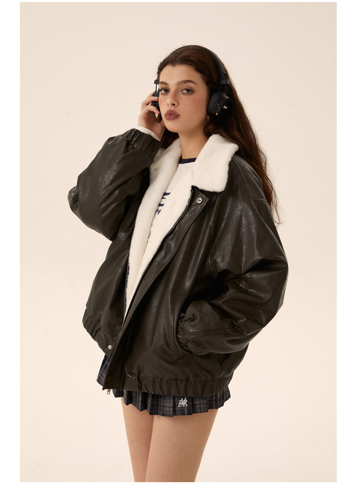 Fleece-lined cotton leather jacket P439