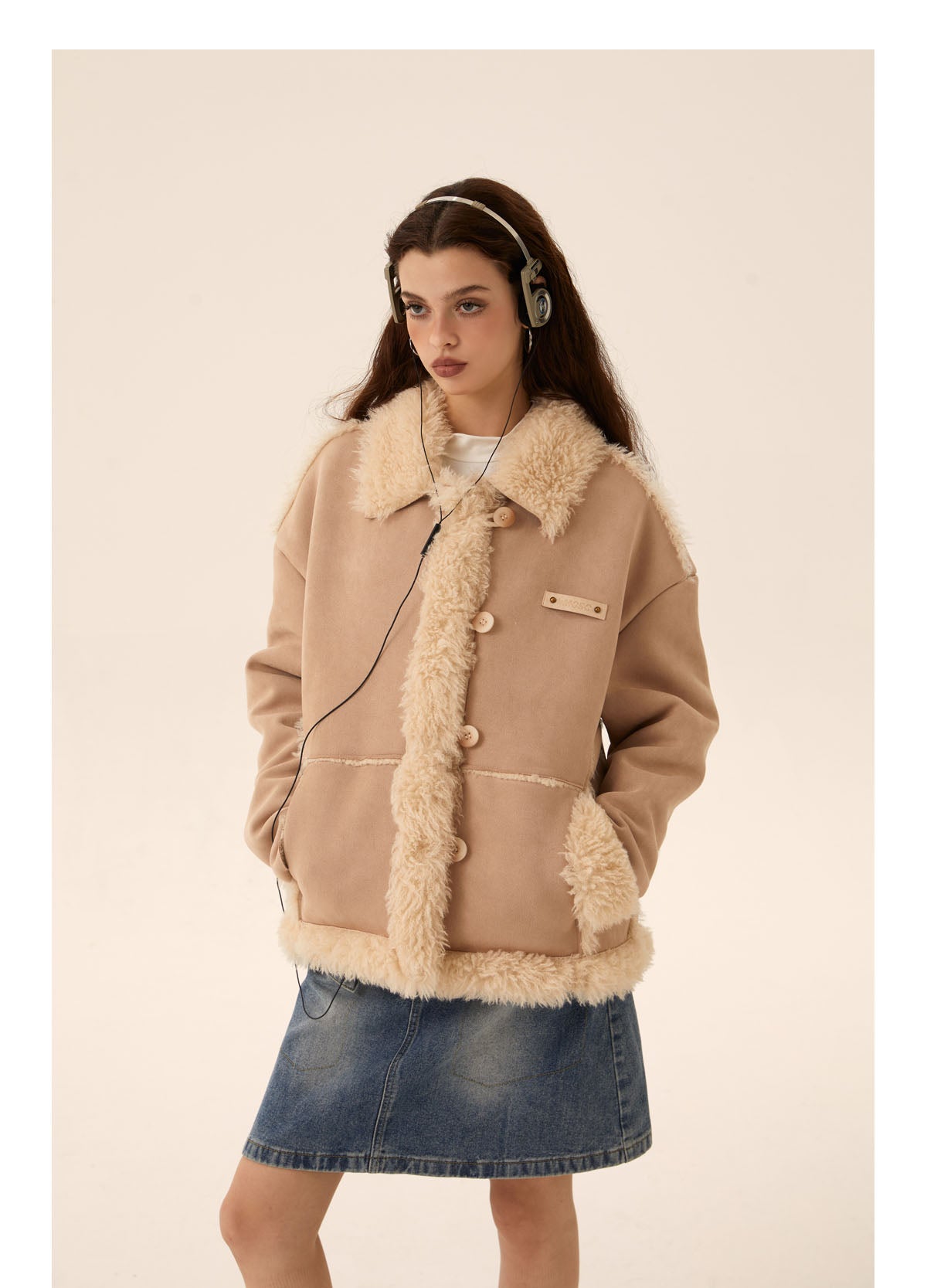 Retro beige mouton coat jacket P443