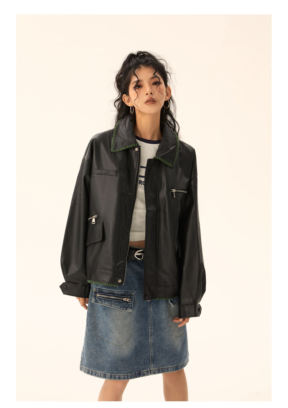 American retro green stitched leather jacket P465