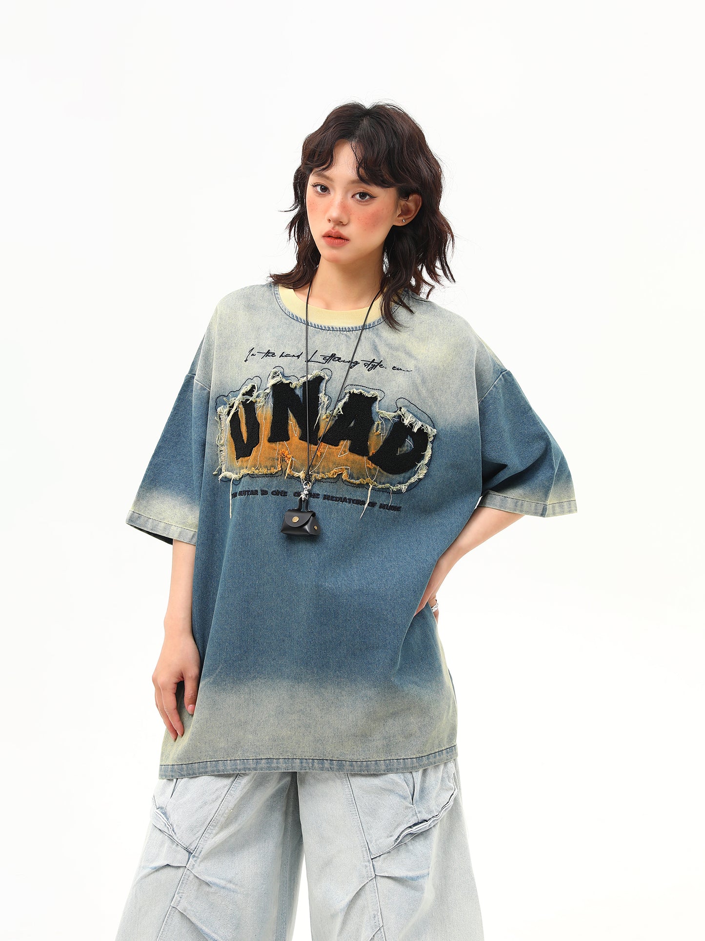 ウォッシュデザイン 刺繍デニム Tシャツ P2028