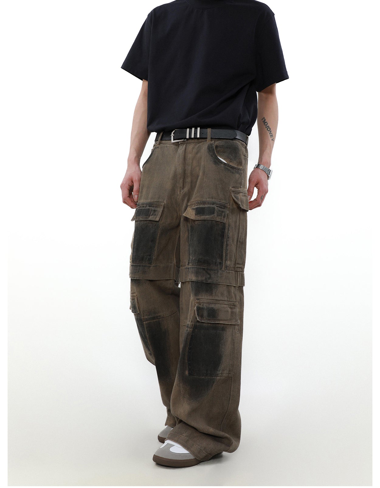 American retro distressed multi-pocket denim pants P829