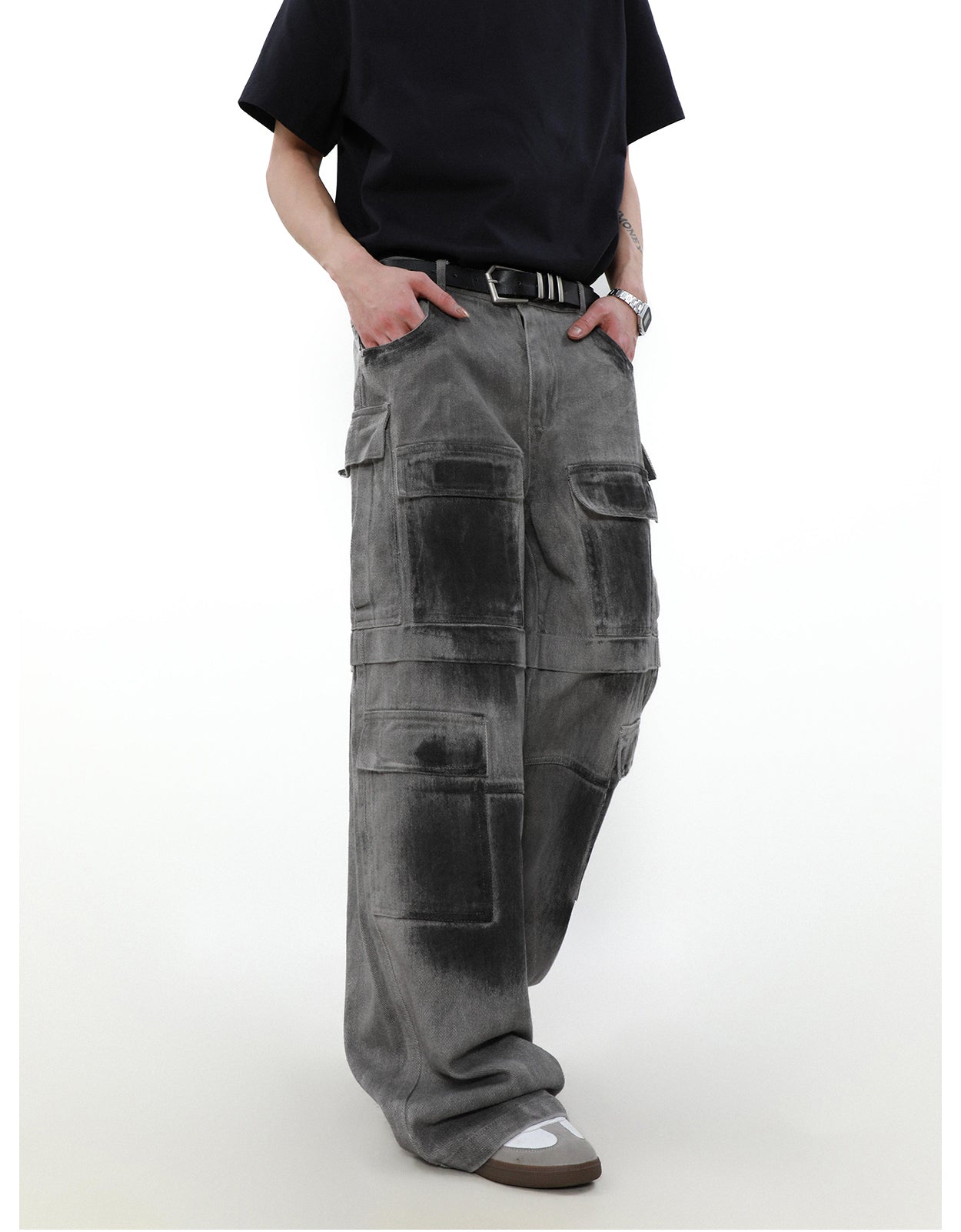 American retro distressed multi-pocket denim pants P829