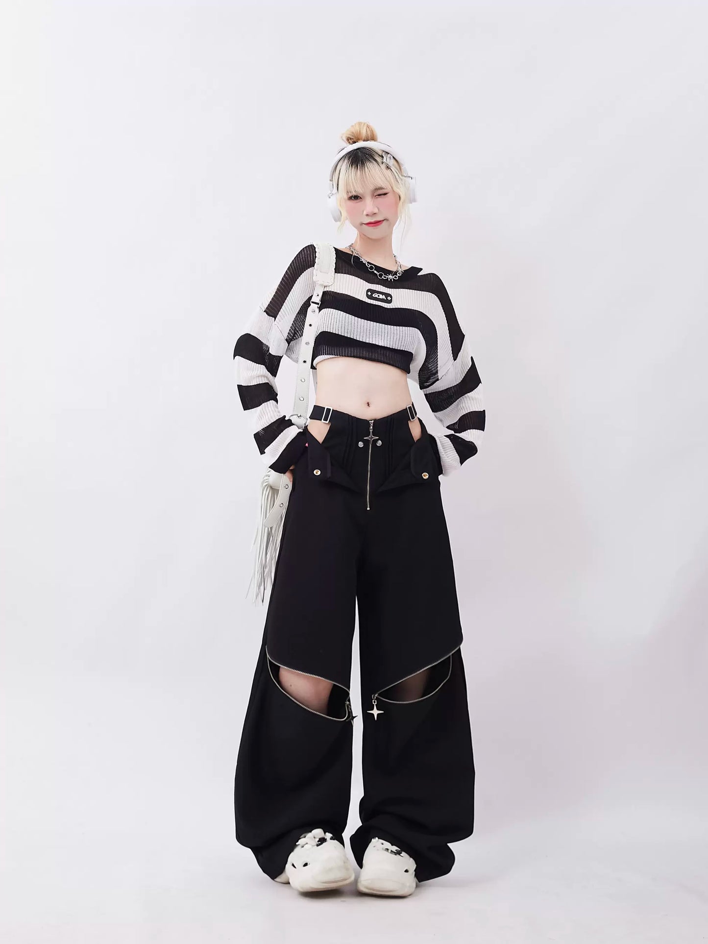 Zipper Two-Ware Wide Leg Casual Pants P931