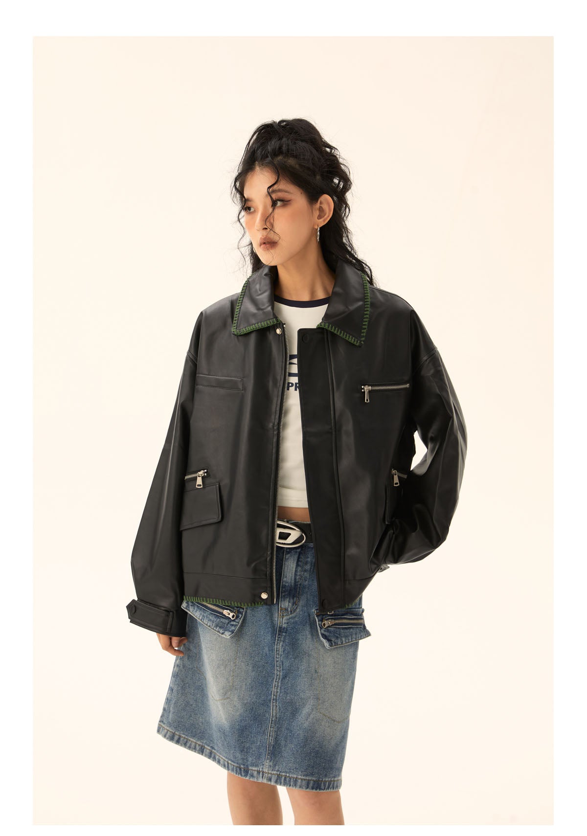 American retro green stitched leather jacket P465