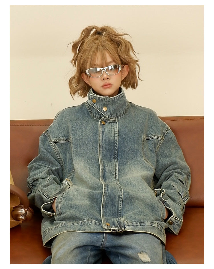 Pleated design washed denim jacket P1281