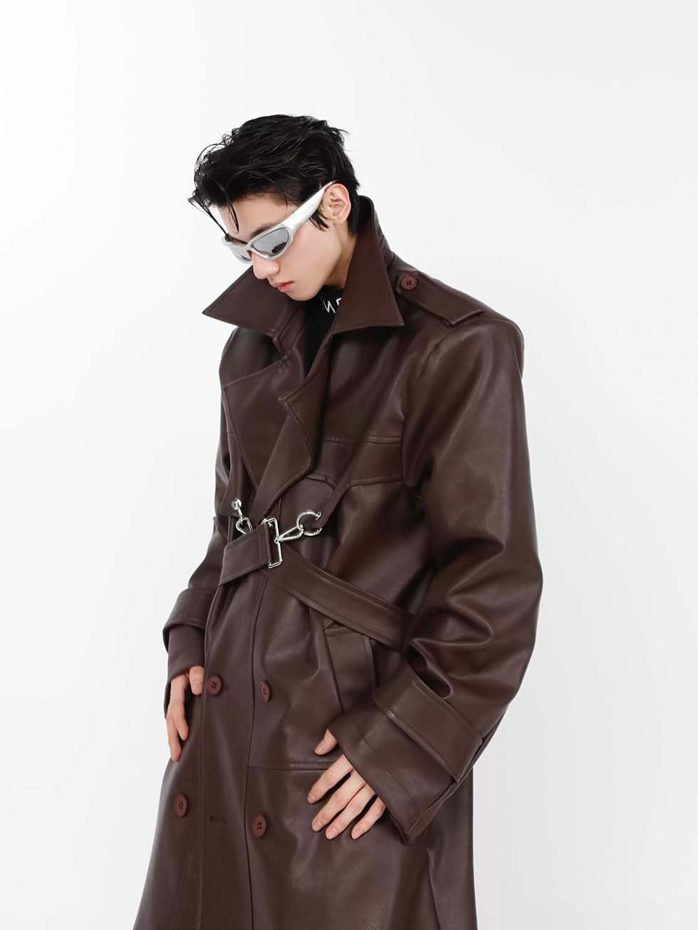 Metal Zipper PU Leather Long Coat P1033