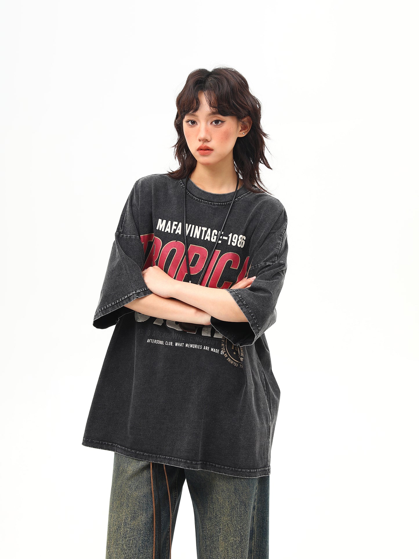 ウォッシュ加工 ヘビープリントTシャツ P2025