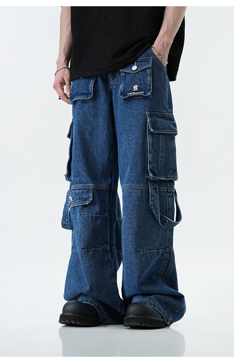 Oversized multi-pocket straight denim pants P382