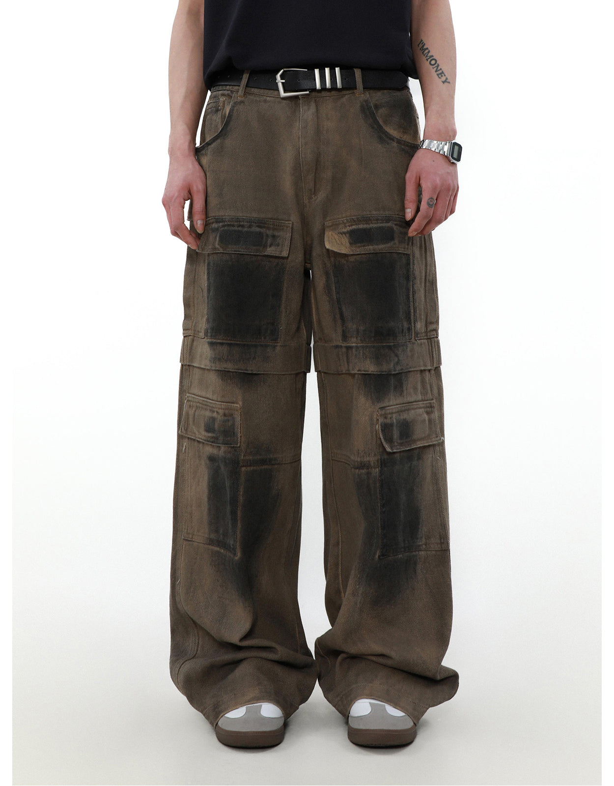 American retro distressed multi-pocket denim pants P829