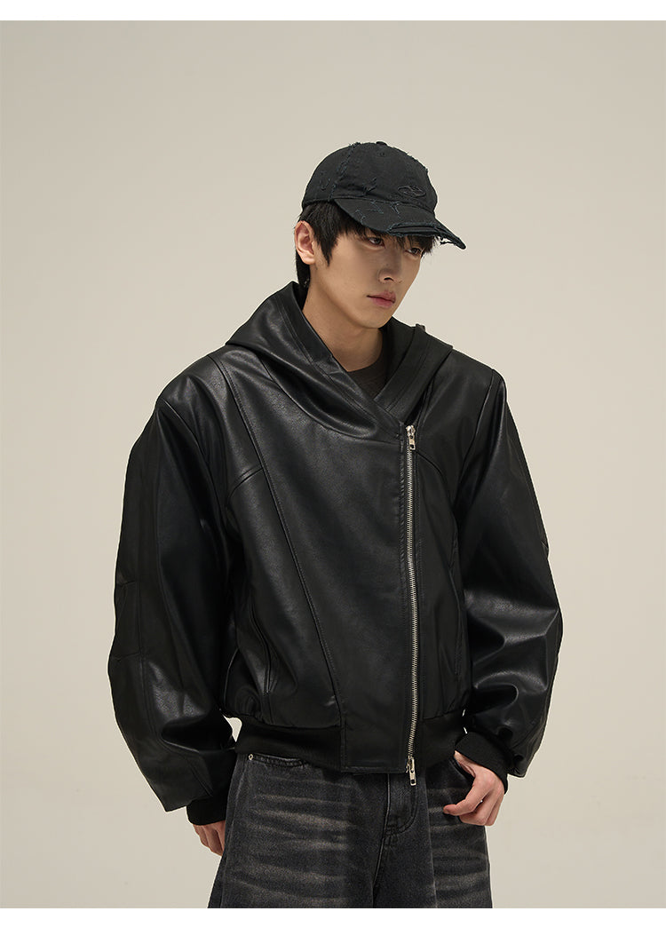 Hooded zip leather jacket P671