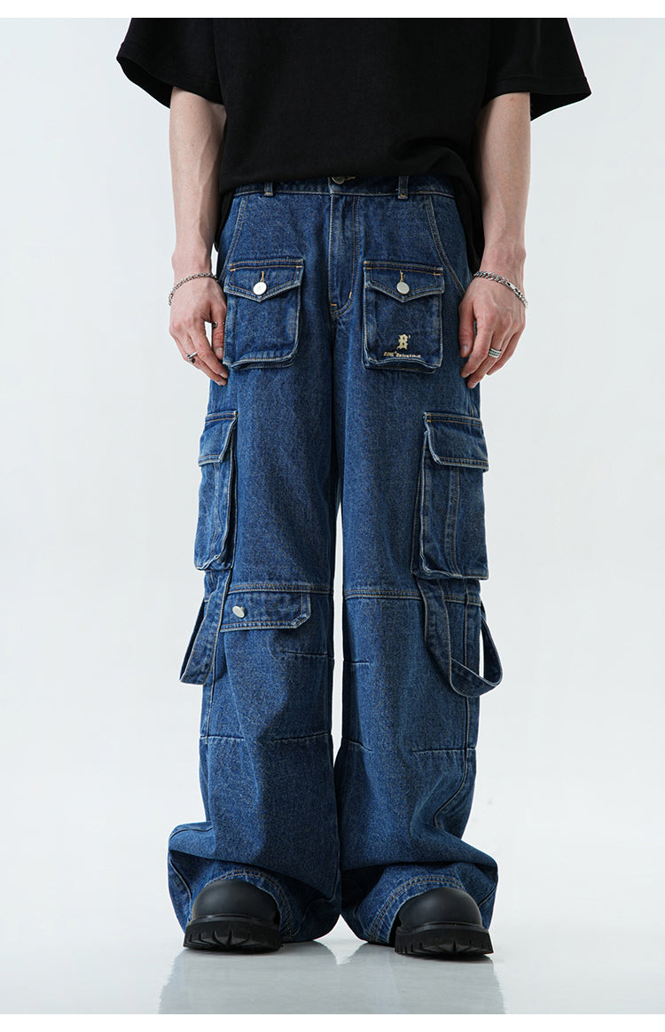 Oversized multi-pocket straight denim pants P382