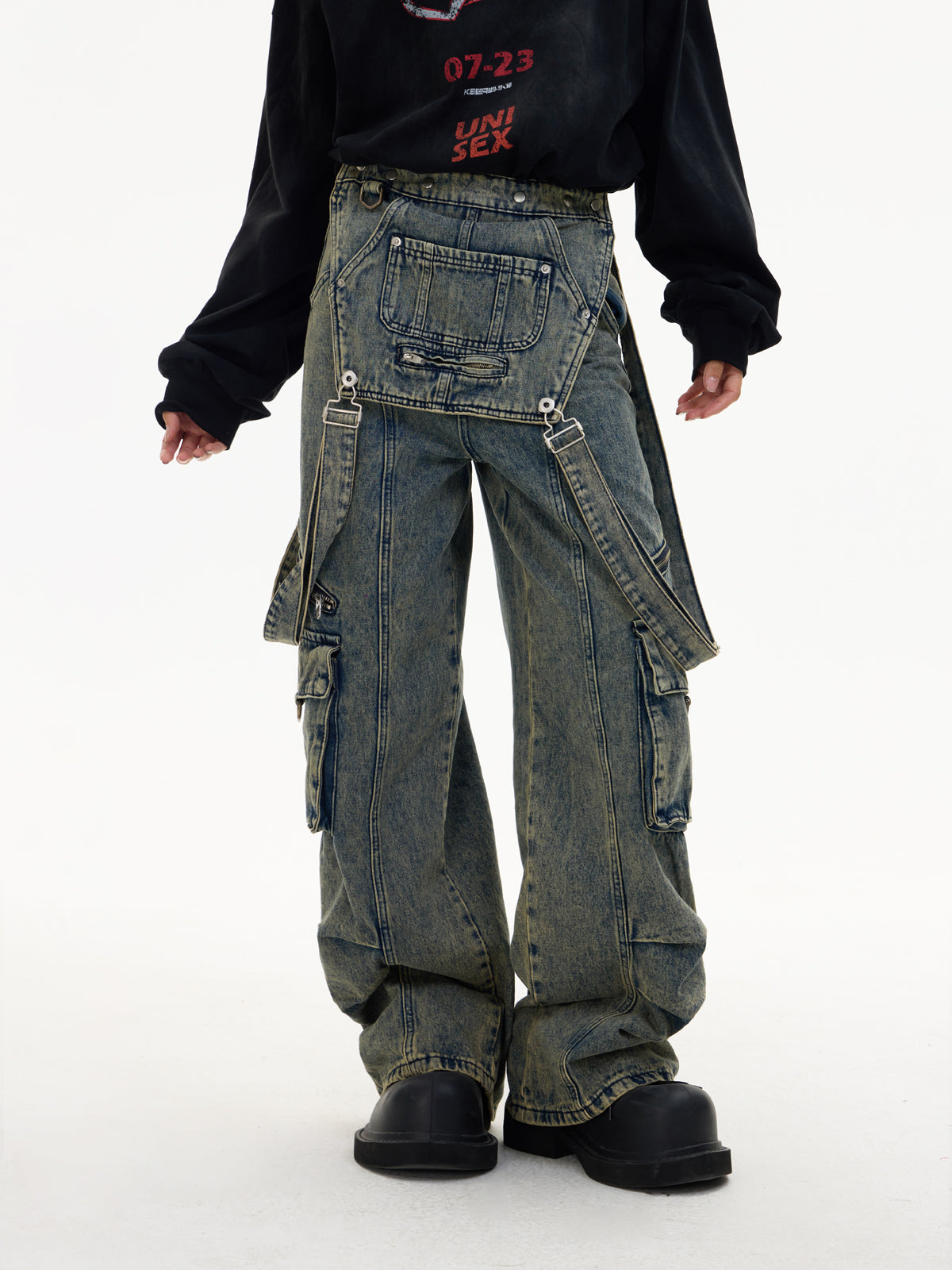 Multi-pocket washed denim overalls P536