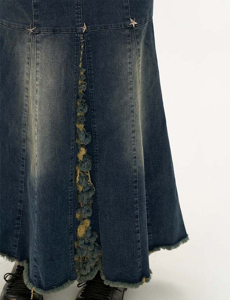 Star rivet slit denim skirt P1310