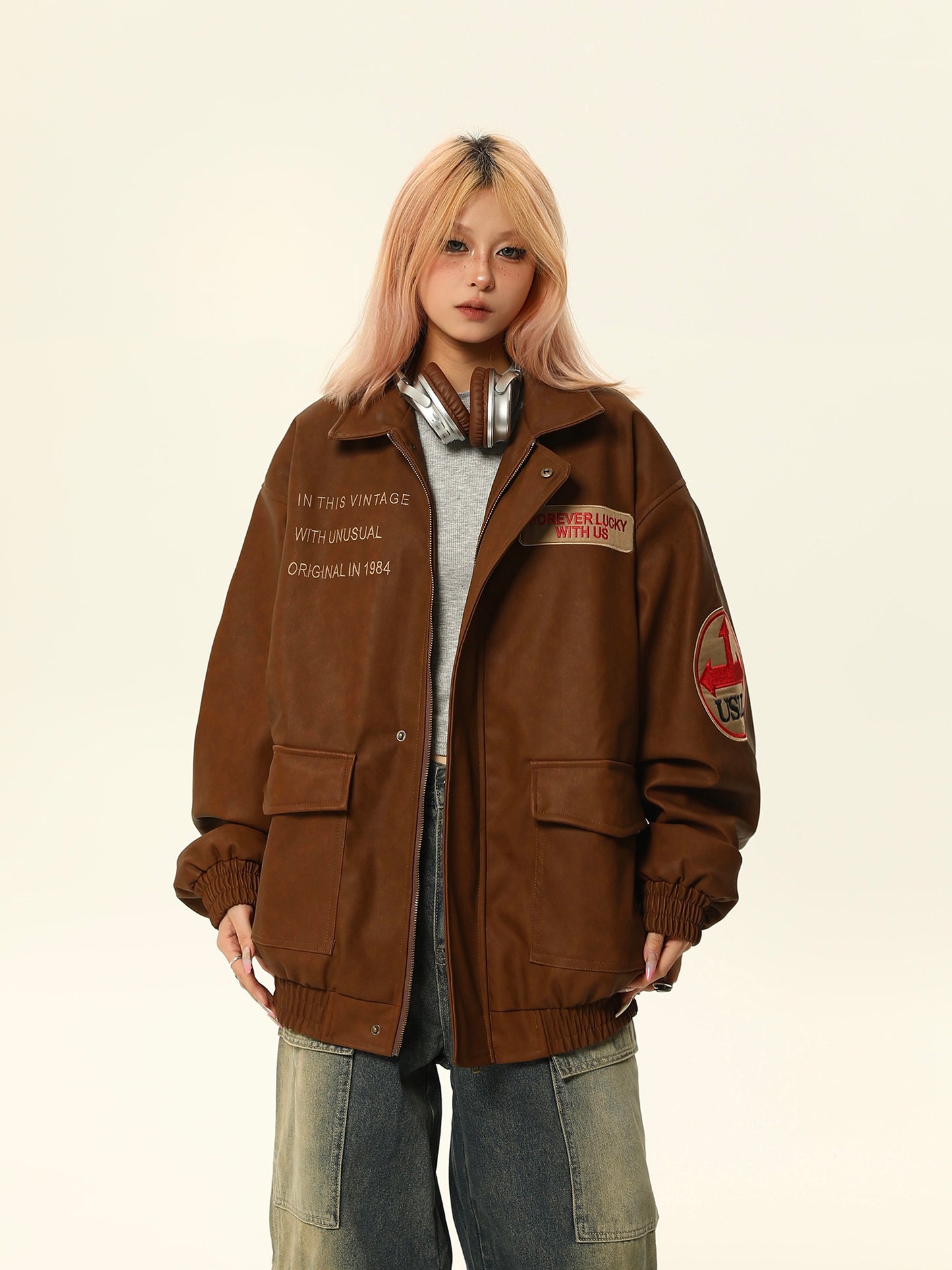 American retro PU leather jacket P1332