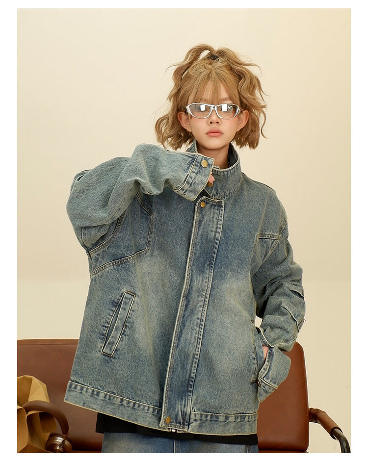 Pleated design washed denim jacket P1281