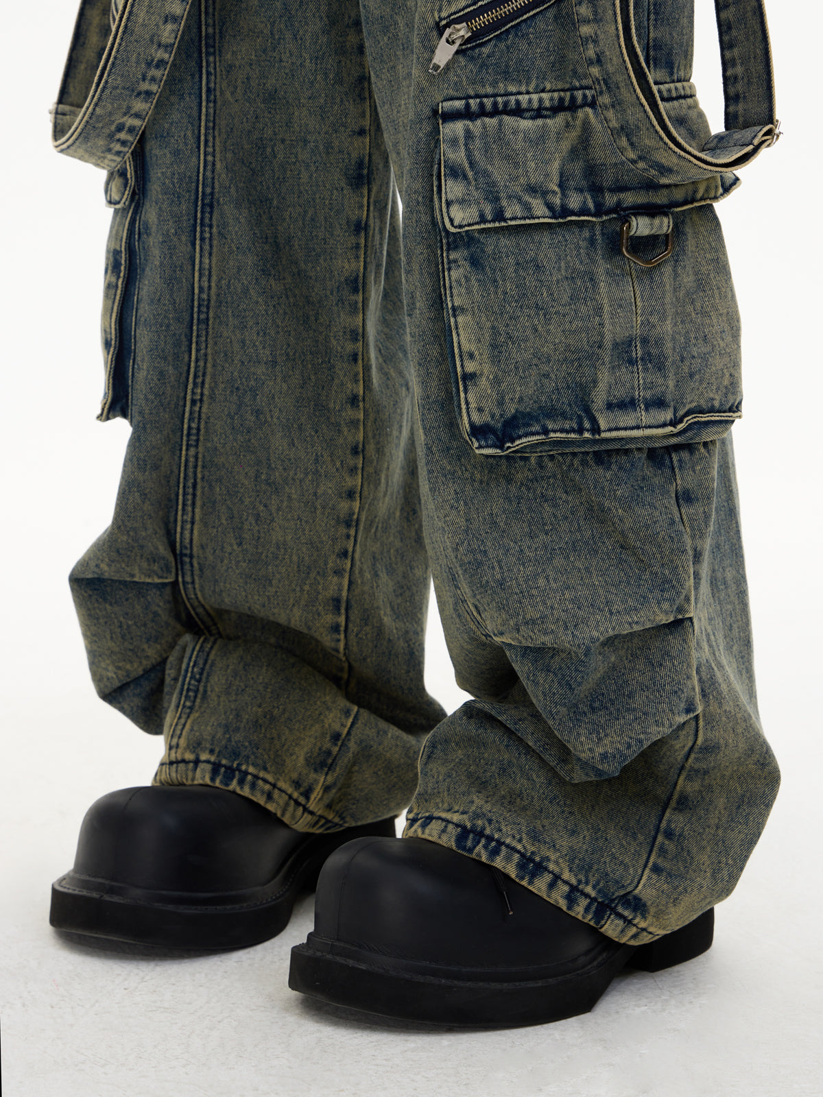 Multi-pocket washed denim overalls P536