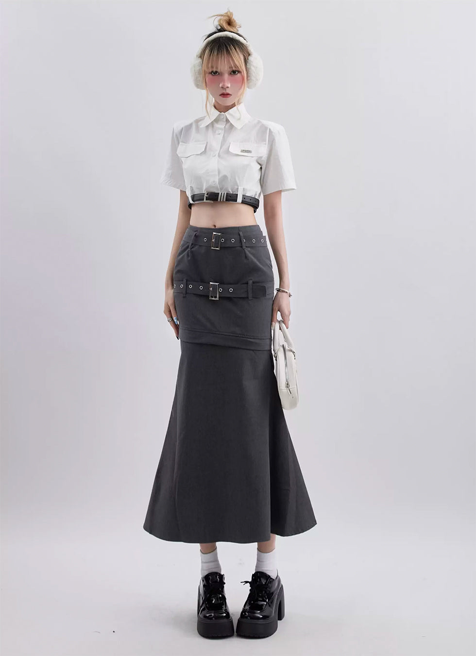 Double belt, zipper removable slim long skirt P971