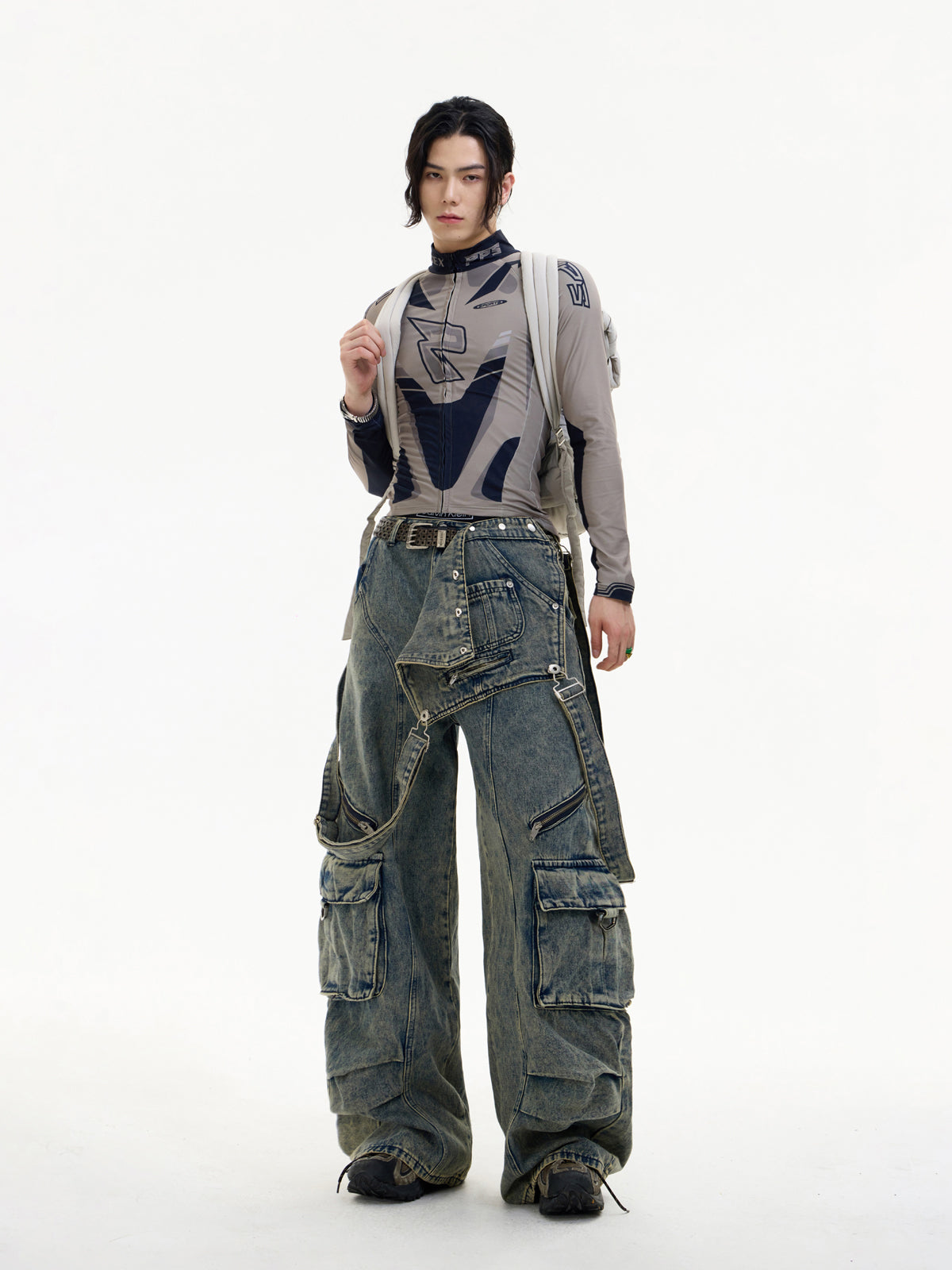 Multi-pocket washed denim overalls P536