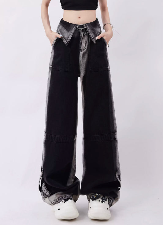 Cuff design wide leg jeans P946