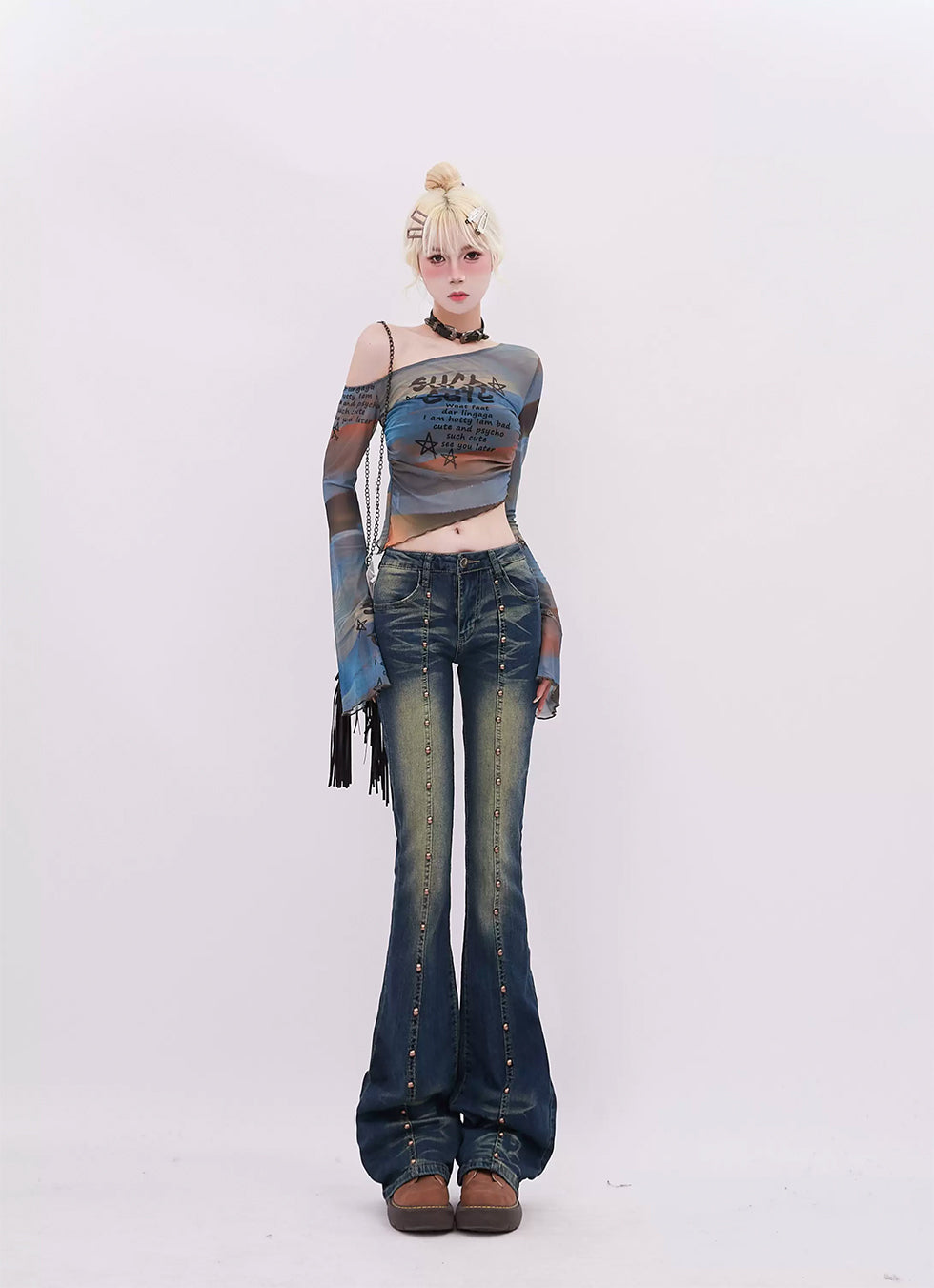 Rivet Stitch Micro Flare Jeans P974