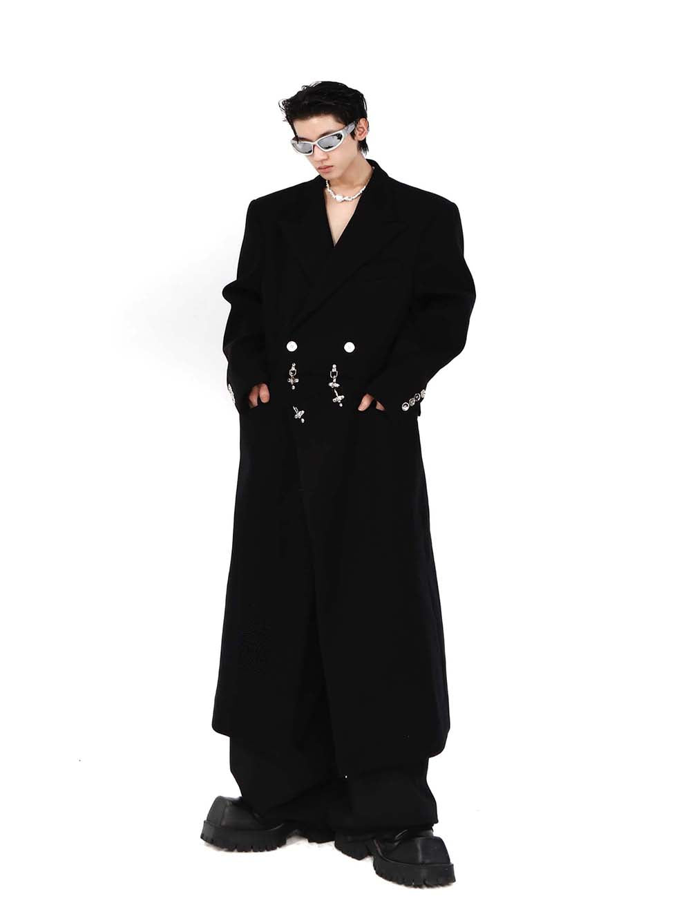 Wool long coat with shoulder pads P1001