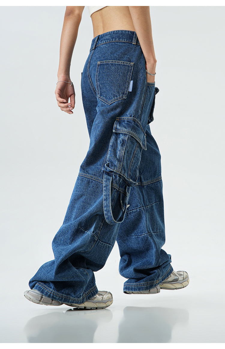 Oversized multi-pocket straight denim pants P382