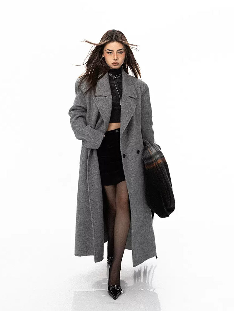 Broad shoulder cashmere long coat P741