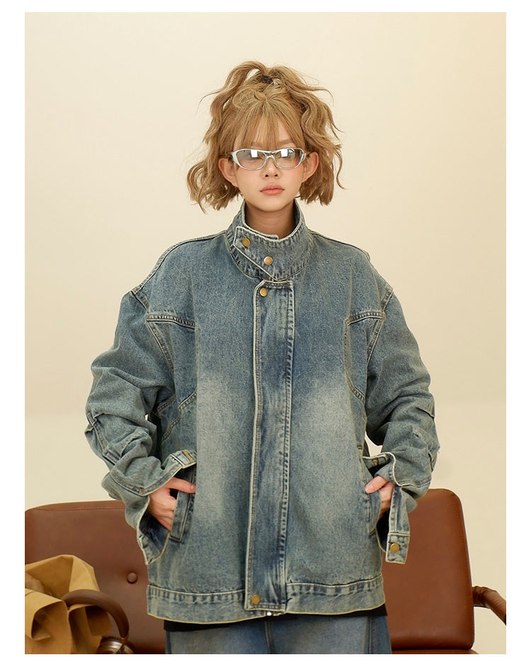 Pleated design washed denim jacket P1281