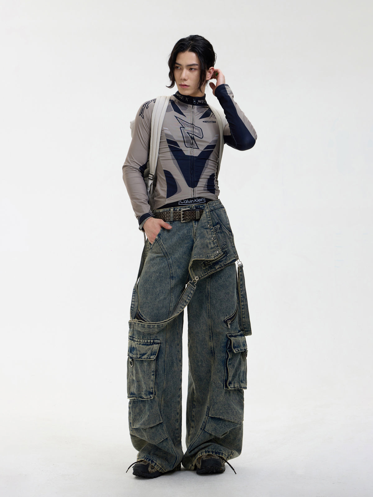 Multi-pocket washed denim overalls P536