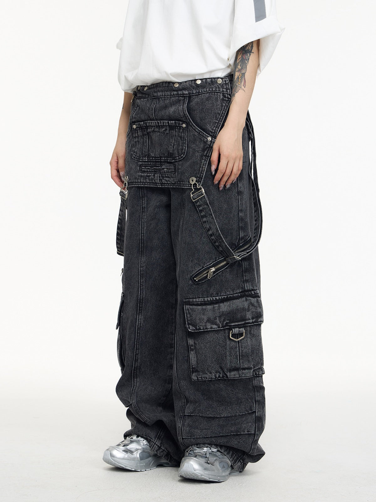 Multi-pocket washed denim overalls P536