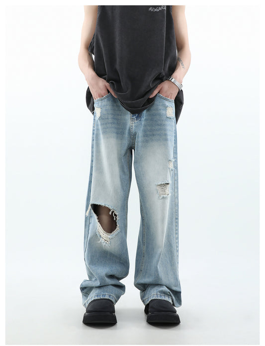 Loose straight damaged denim pants P205