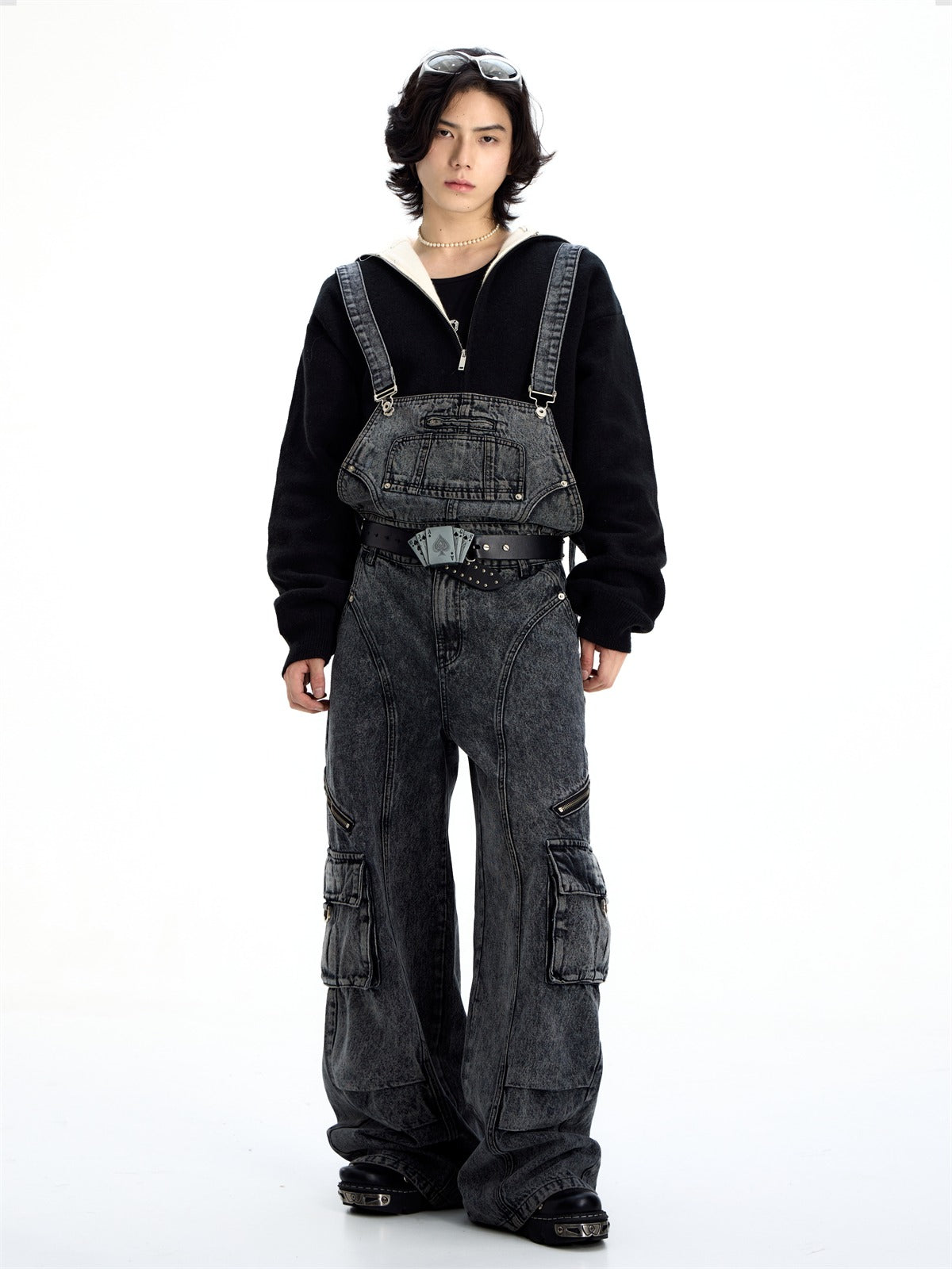 Multi-pocket washed denim overalls P536