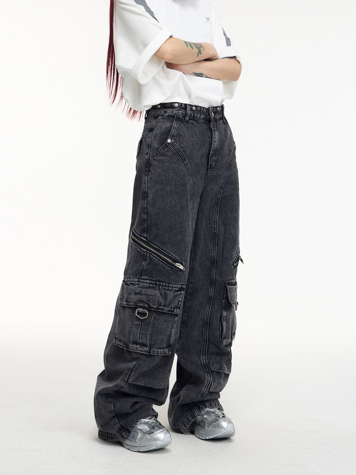 Multi-pocket washed denim overalls P536