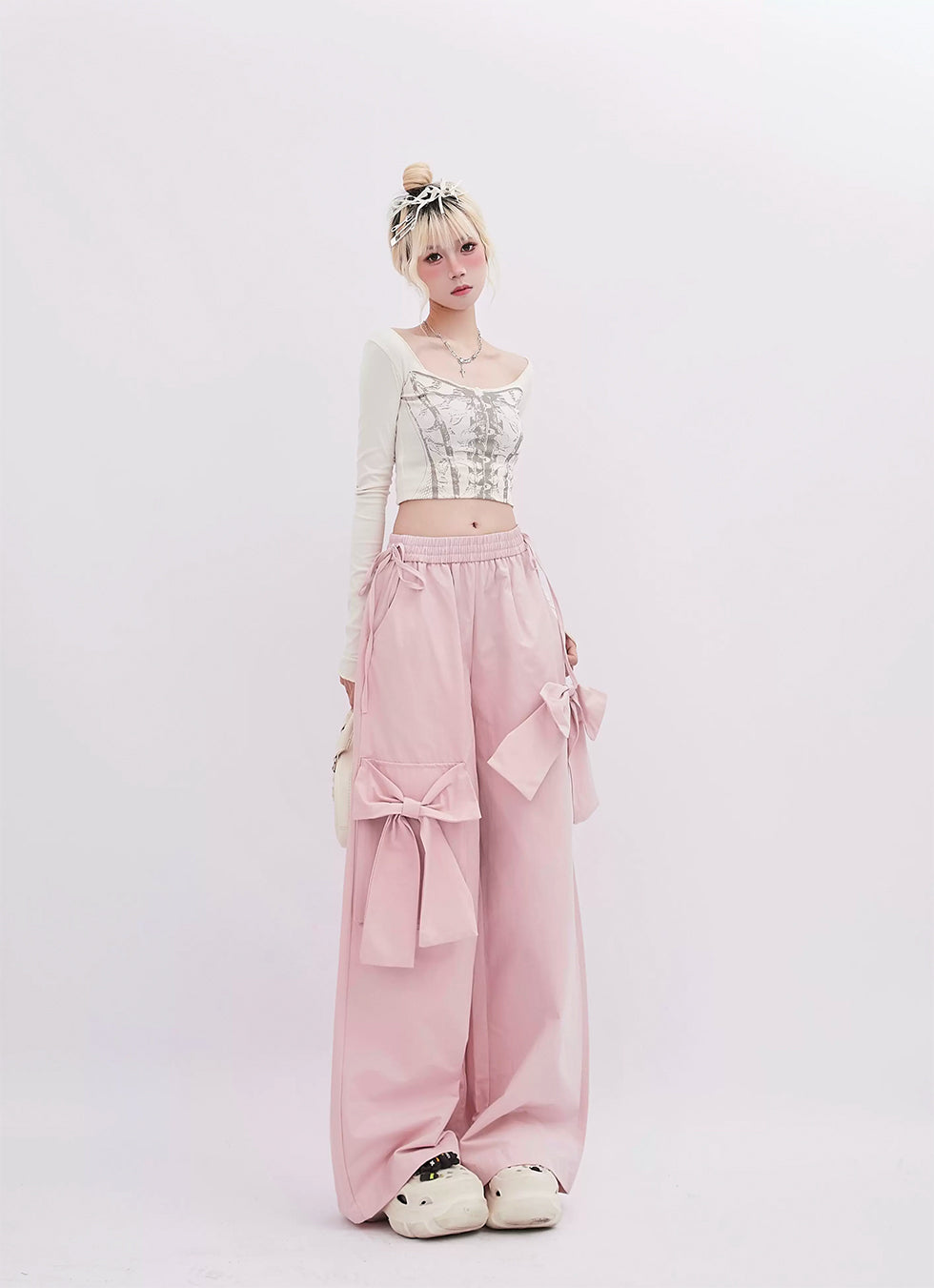 Ribbon design wide pants P945