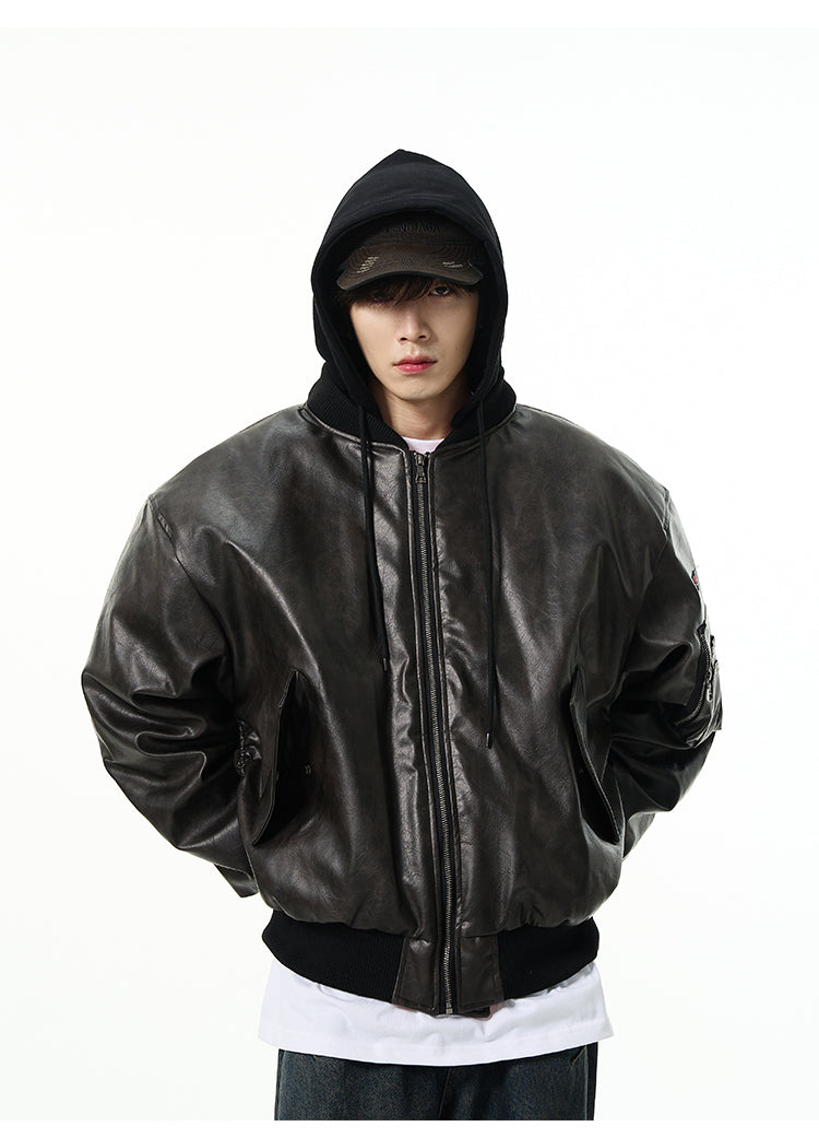 American retro hooded leather jacket P656