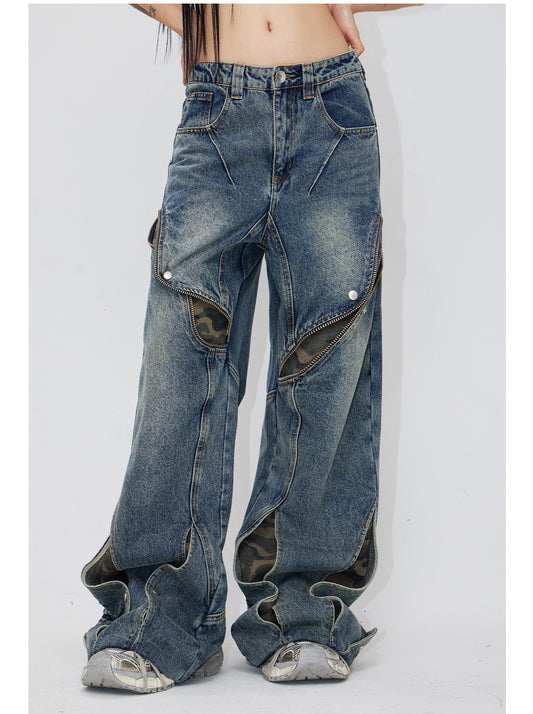 Wide leg splicing zip denim pants P543