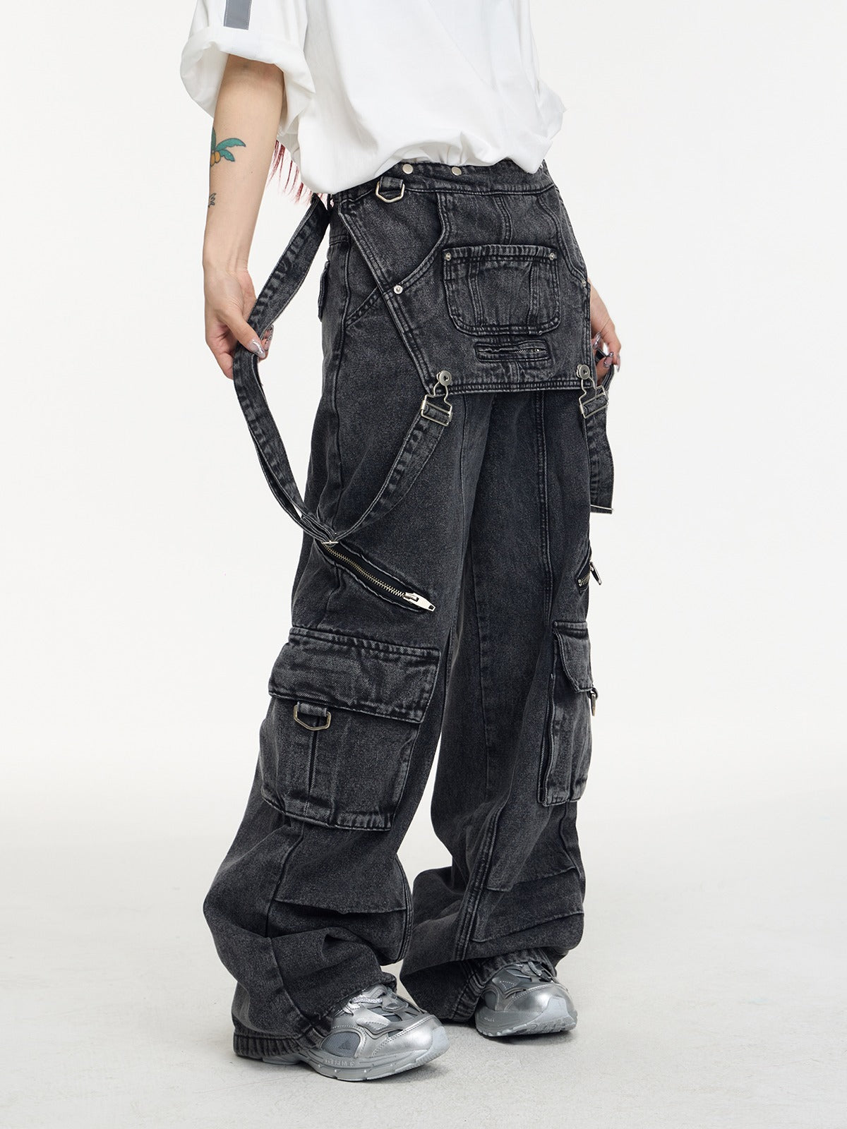 Multi-pocket washed denim overalls P536