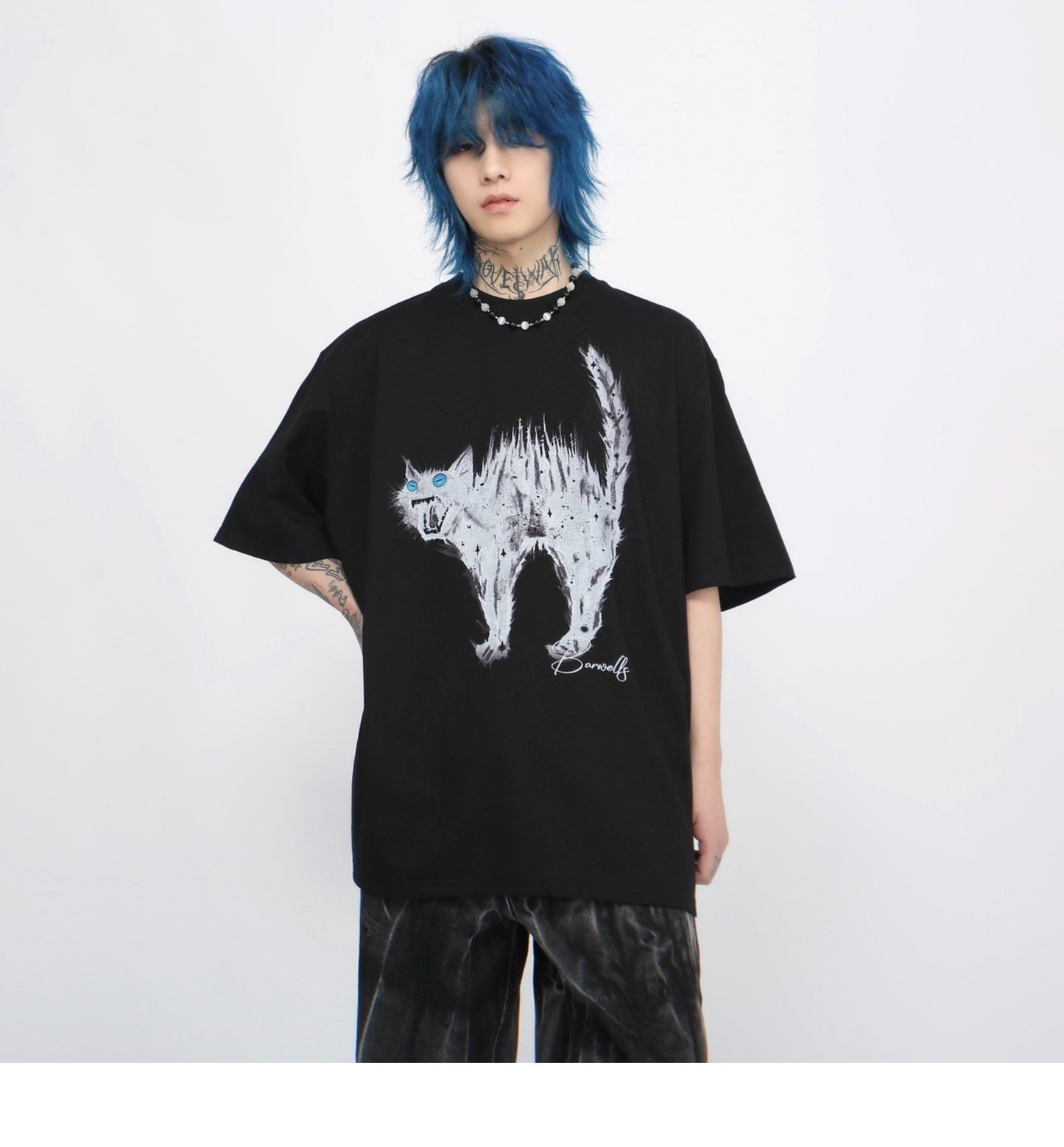 キャットプリント コットン ショートスリーブTシャツ P1377