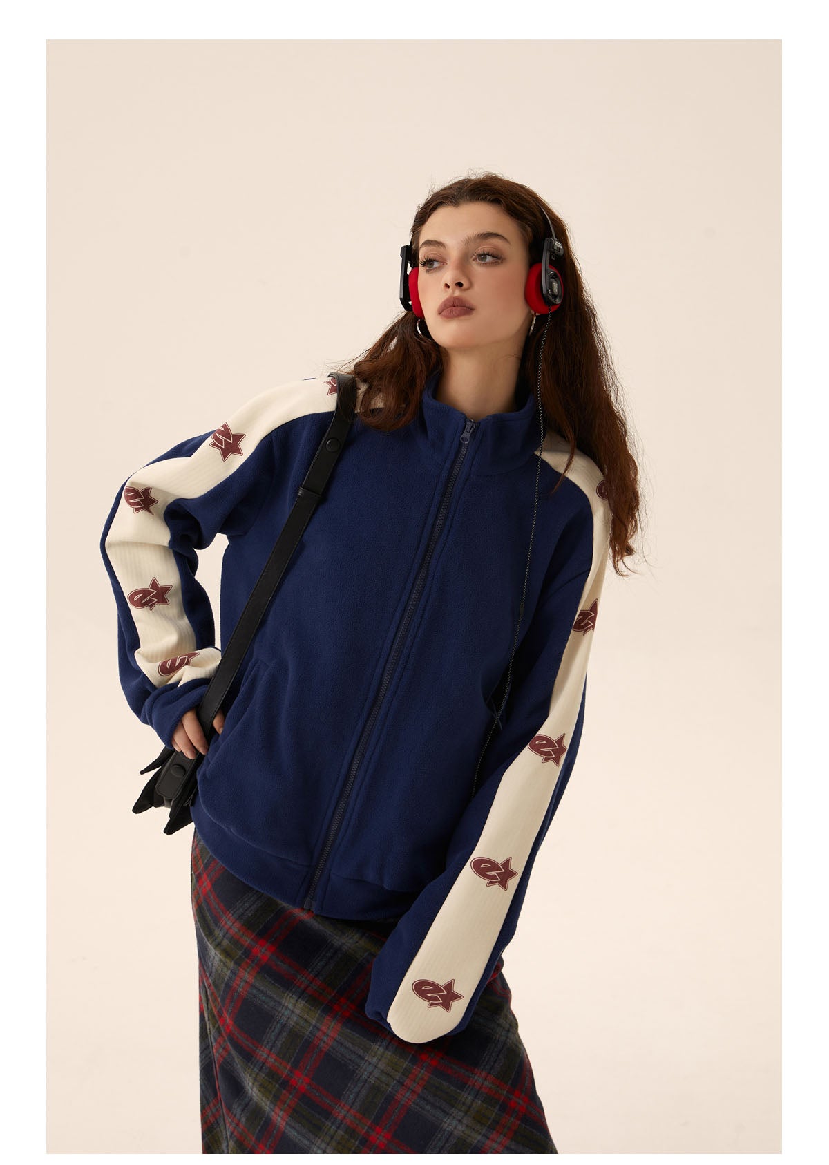 Retro contrast color fleece jacket P415